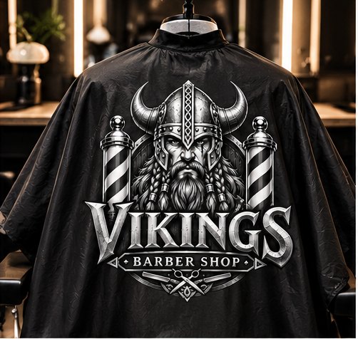 Black and white barber capes with the Vikings logo