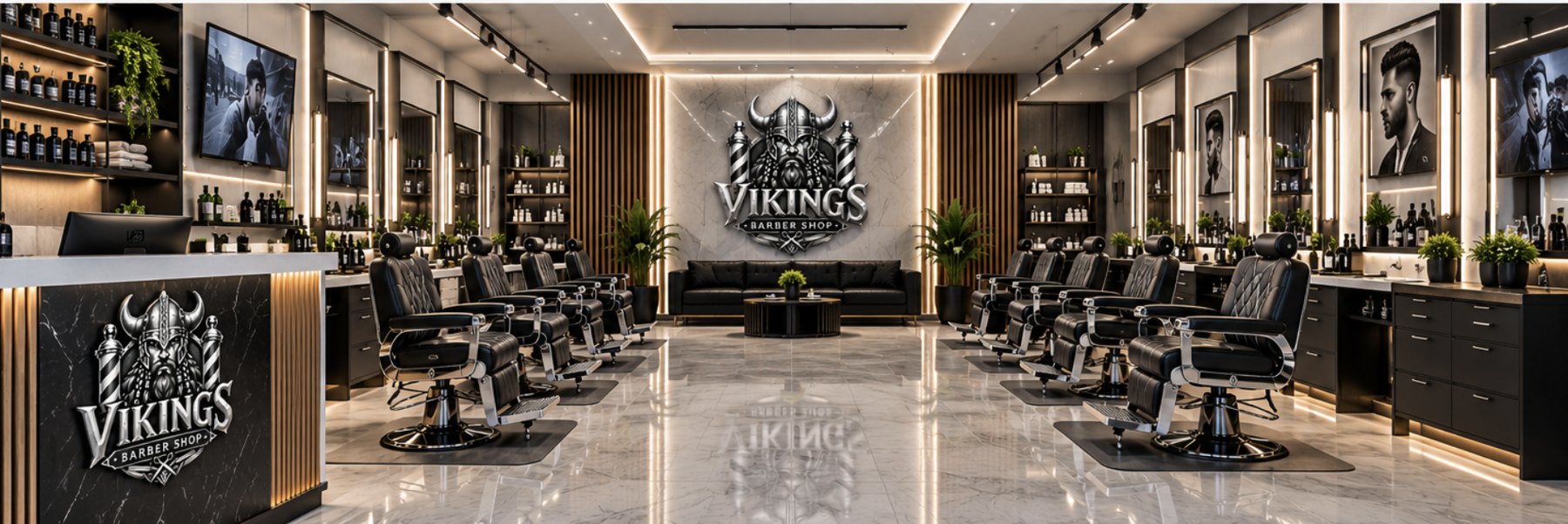 Vikings Barber Shop interior with black leather chairs, marble floor and the Vikings crest on the wall