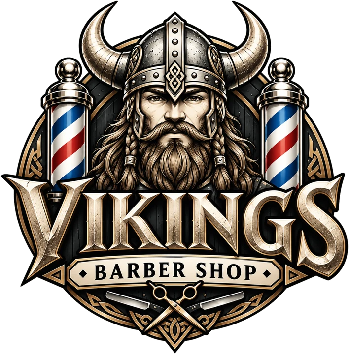 Vikings Barber Shop logo: a bearded Viking in a horned helmet between two barber poles