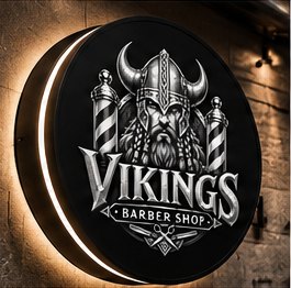 Backlit round Vikings sign on a brick wall
