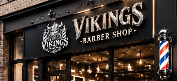 Vikings Barber Shop storefront with illuminated sign